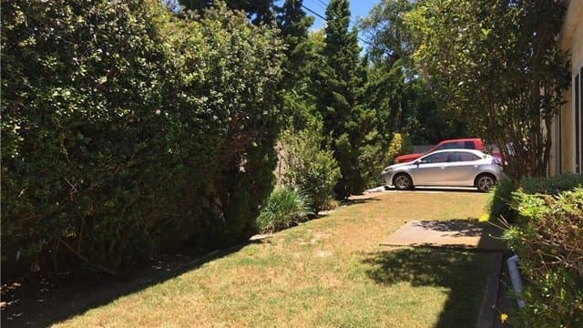 A grassy lawn with green bushes, trees, and a silver car parked on a dirt patch under a blue sky.